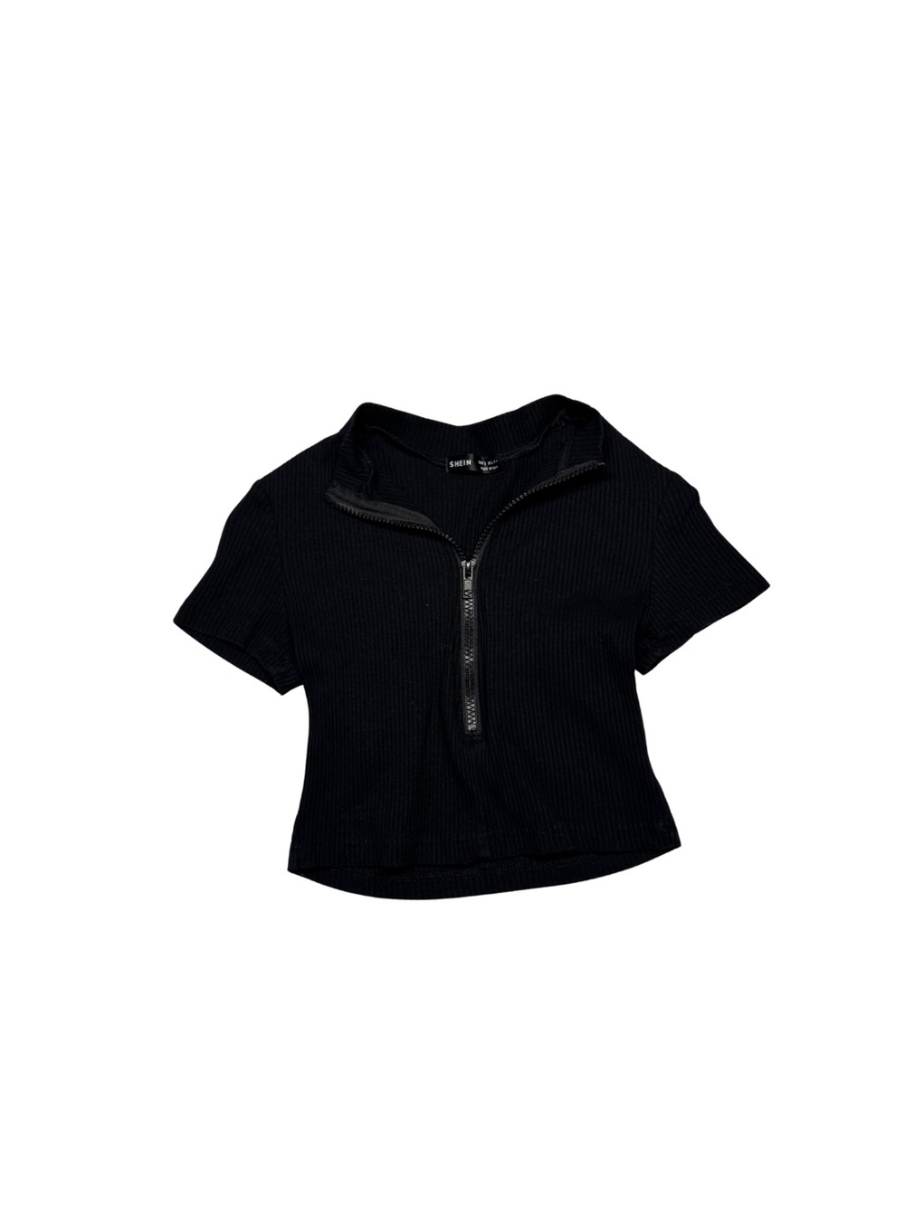 SHEIN Black Ribbed Short Sleeve Half-Zip Crop Top